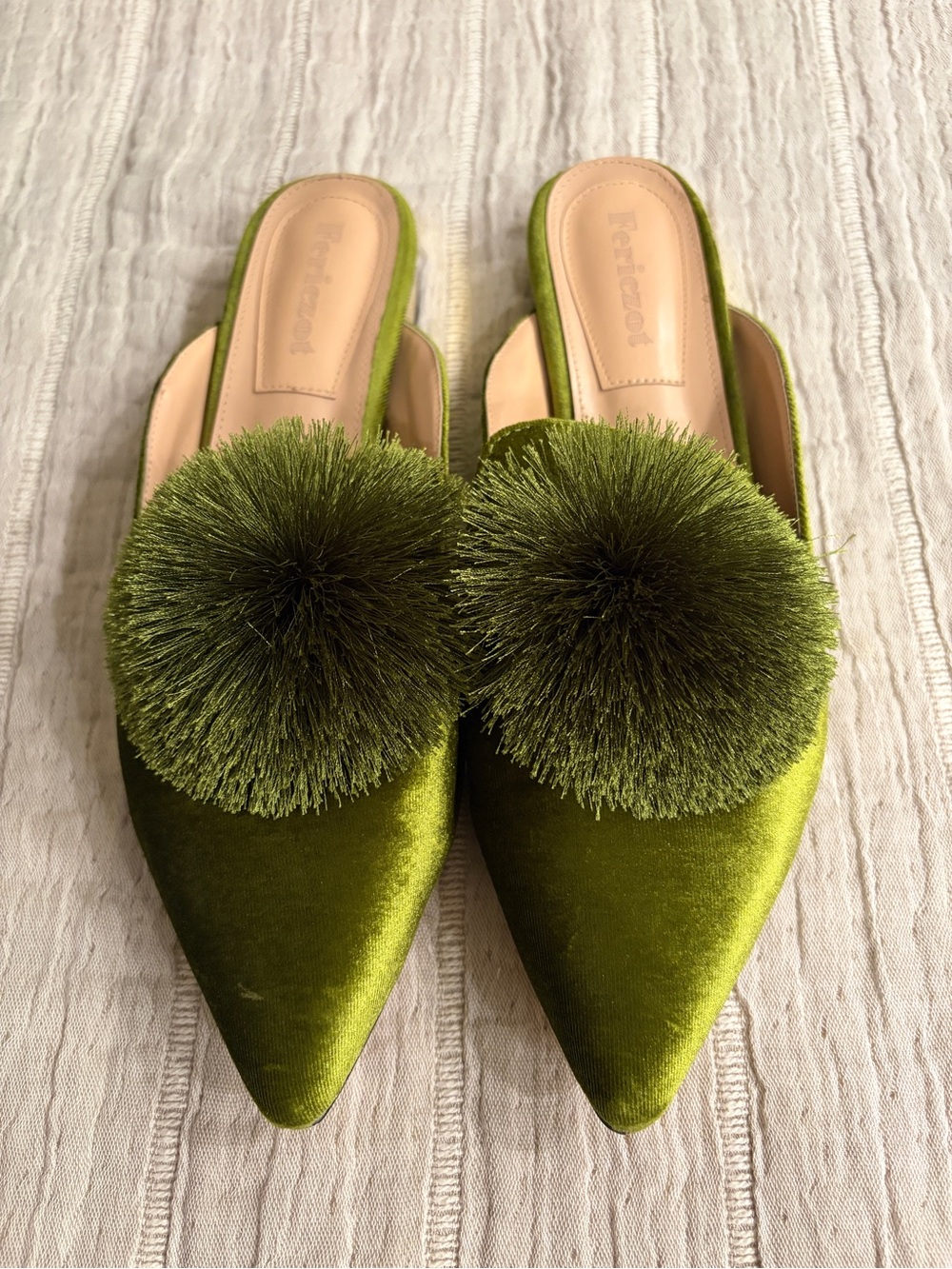 Olive Green Velvet Pom-Pom Mule - Women Shoes